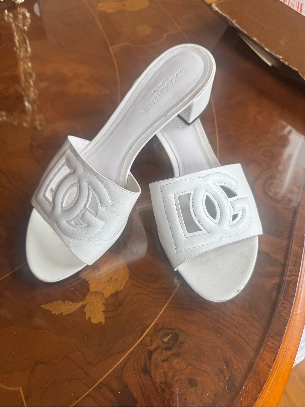 Dolce & Gabbana White Leather Logo Slide Mules